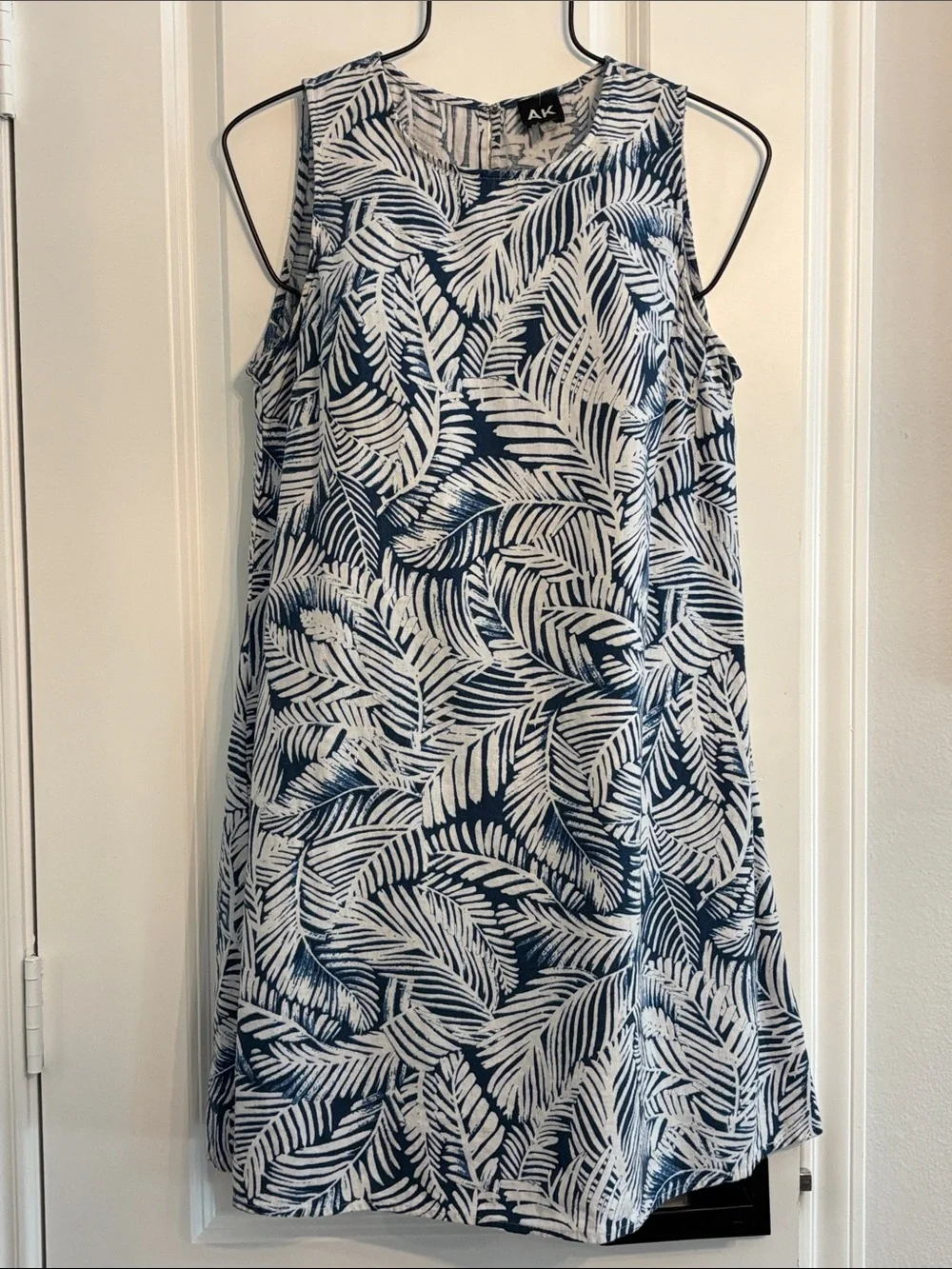Anne Klein Blue White Tropical Print Linen Blend Sleeveless Short Dress. 8